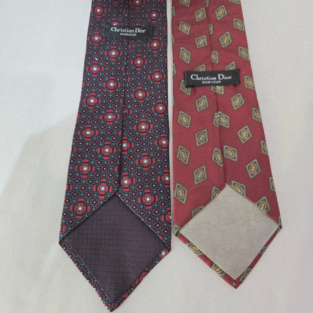Christian Dior Monsieur Tie Lot of 2 Red Navy Silk Geometric Medallion #1176
